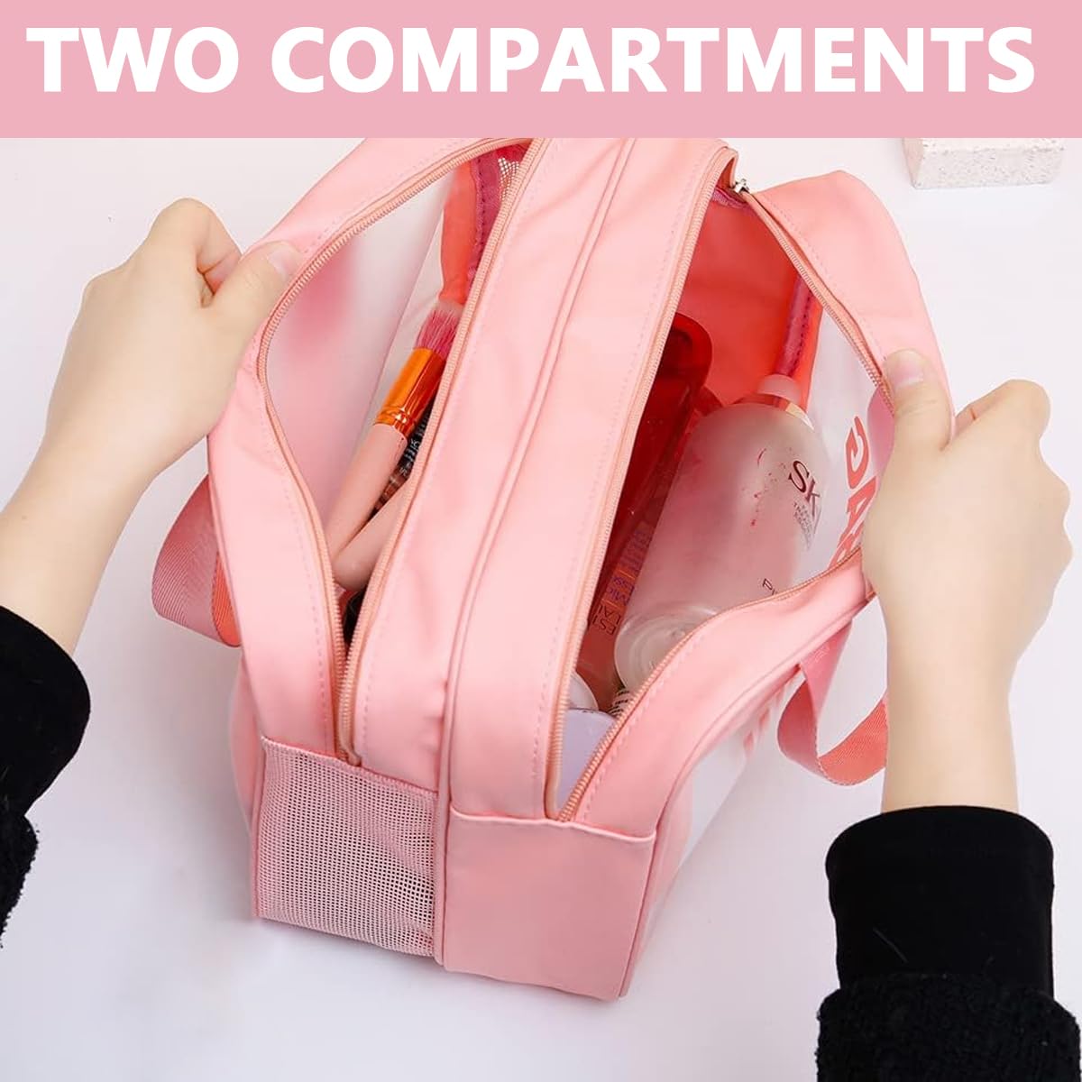 MAYCREATE Travel Toiletry Bag, Large Clear Makeup Bags, 2 in 1 Cosmetics Bag with Zipper Handle, Translucent Waterproof and Draining Travel Accessories Bag, Pink
