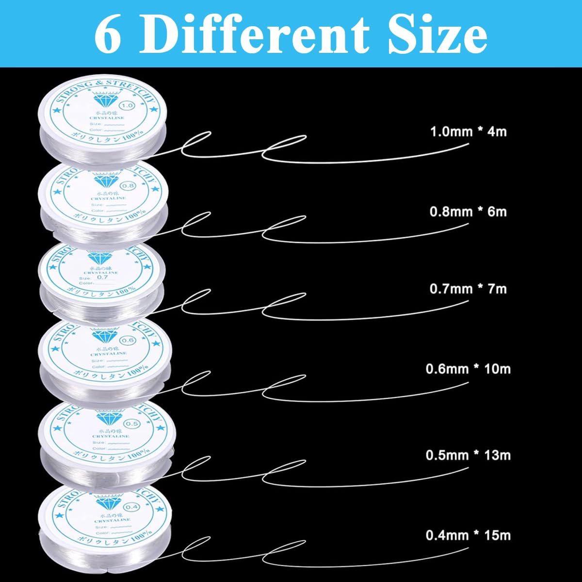 HASTHIP Elastic Bracelet String Cord, 6 Rolls 0.4mm/0.5mm/0.6mm/0.7mm/0.8mm/1mm Crystal Clear Stretchy Elastic Bead String for Bracelets, Jewelry Making and Clay Pony Seed Stone Beads Beading