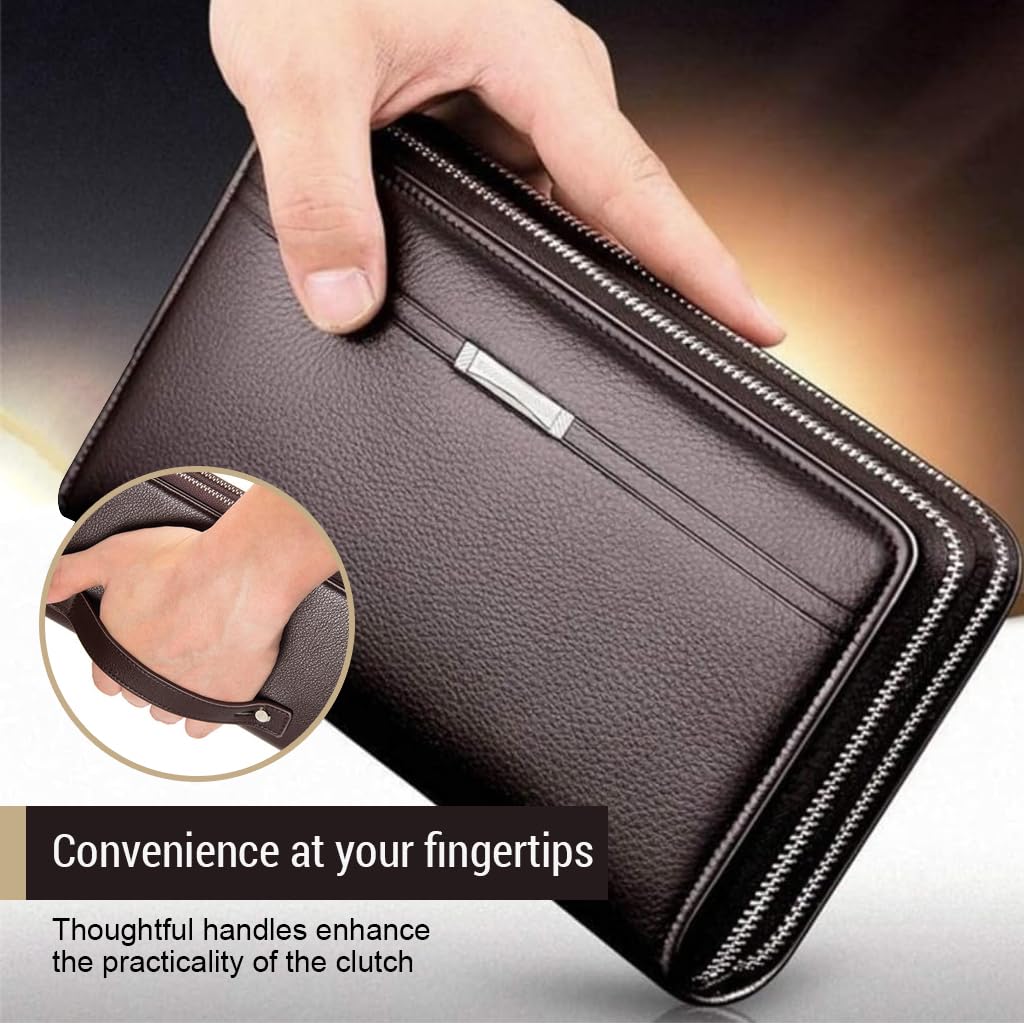 GUSTAVE Men Clutch Bag Fashion PU Leather Wallet Handbag Phone Bag Men Clutch Card Bag with Hand Grip Large Capacity Men's Phone Bag Casual Clutch Bag Father's Day Gift Gift for Men, Brown