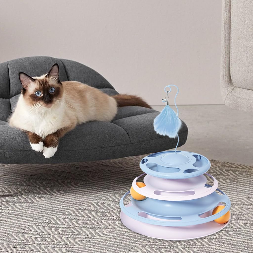 Qpets Cat Turntable Toy, 3 in 1 Cat Interactive Toys-Cat Teaser Stick, Double Track Turntable Ball, Detachable Snack Dispenser, PP Material Cat Amusement Plate Puzzle Pet Cat Toy