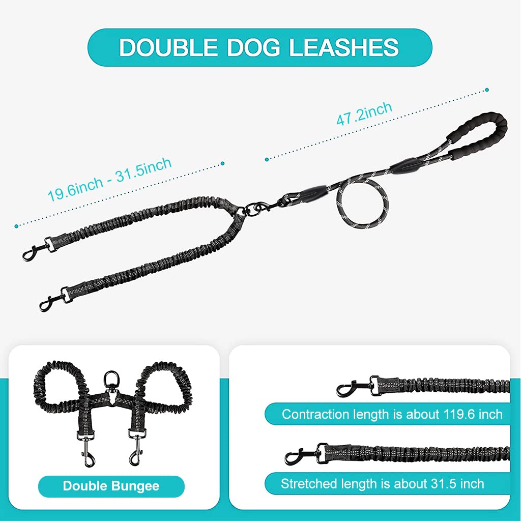 Qpets Double Dog Leash, Durable Reflective Dog Leash, Soft Paded Handle, Retractable Dogs Leash Anti-Strain Leash Braided Rope No Tangle Dog Leash for Small Medium Large Dogs(Black)