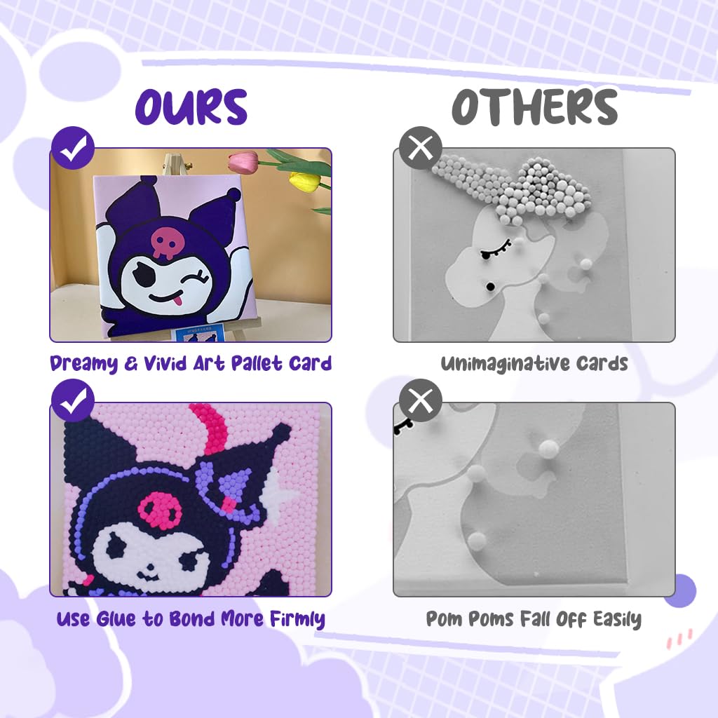PATPAT DIY Pom Poms Art Material Kit Kawaii Kuromi DIY Pom Poms Art Wall Deocration 7.87x7.87 Inches Kuromi Pom Poms Art Beginners Pom Poms Art Material Kit for Kids and Adults