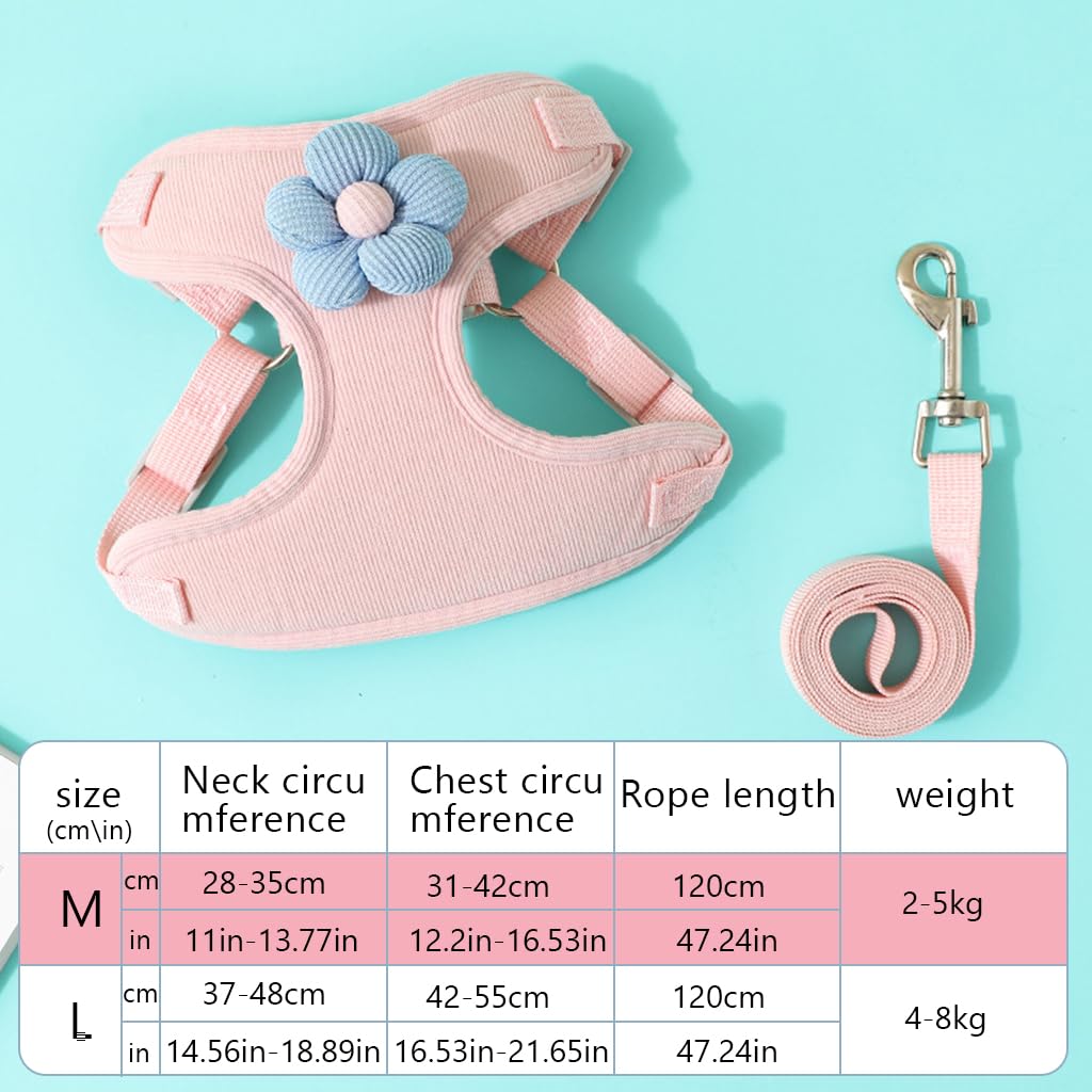 Qpets Cat Vest Harness with 1.2m Leash, Adjustable Size Pet Vest Harness with Quick Release Buckle Breathable Fabric Cute Cat Harness for Small Cat Puppy(M, Chest 31-42CM, Neck 28-35CM)