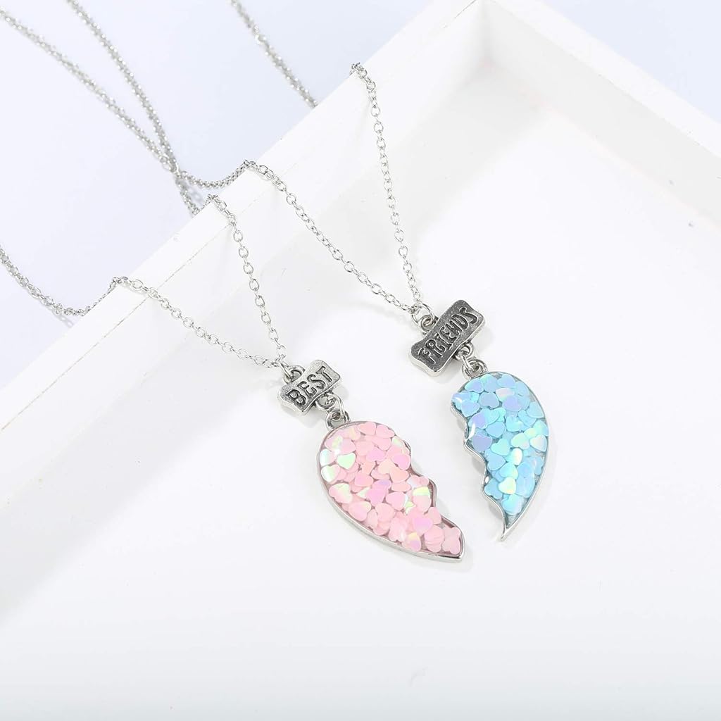 ZIBUYU® Best Friends Pendant Silver Alloy Resin Half Heart Necklace Set BFF Friendship Jewelry for Girls Charm Gift Sisters Pink Blue 6PCS