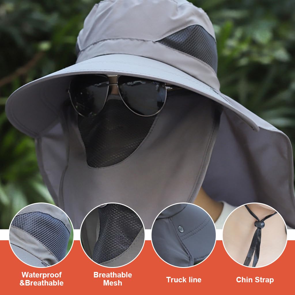 GUSTAVE Wide Brim Hat 360 Degree UV-Protection Sun Hat with Neck Flap & Removable Face Cover Outdoor Unisex Sun Hat with Chin Strap, Breathable Sun Hat for Hiking, Fishing, Gardening