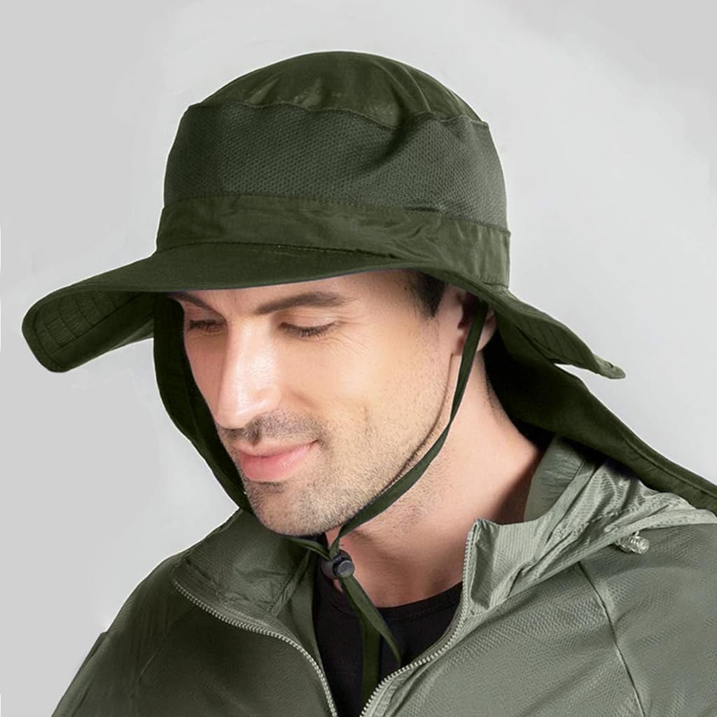 GUSTAVE Wide Brim Summer Hat with Detachable Neck Flap & Mesh Face Cover UV Sun Protection Outdoor Breathable Lightweight Summer Hat for Camping, Hiking, Fishing, Adjustable 21.6