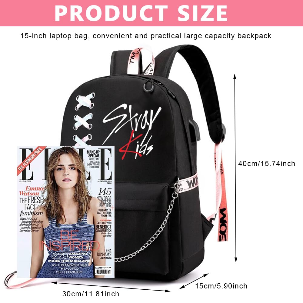 PALAY K-pop Stray Kids Letter Prints 15'' School Backpack with Cloth Pencil Case Travel Backpack for Girls Black Large Backpack for School, Travel Bag Stray Kids Merchandise School Backpack for Girls