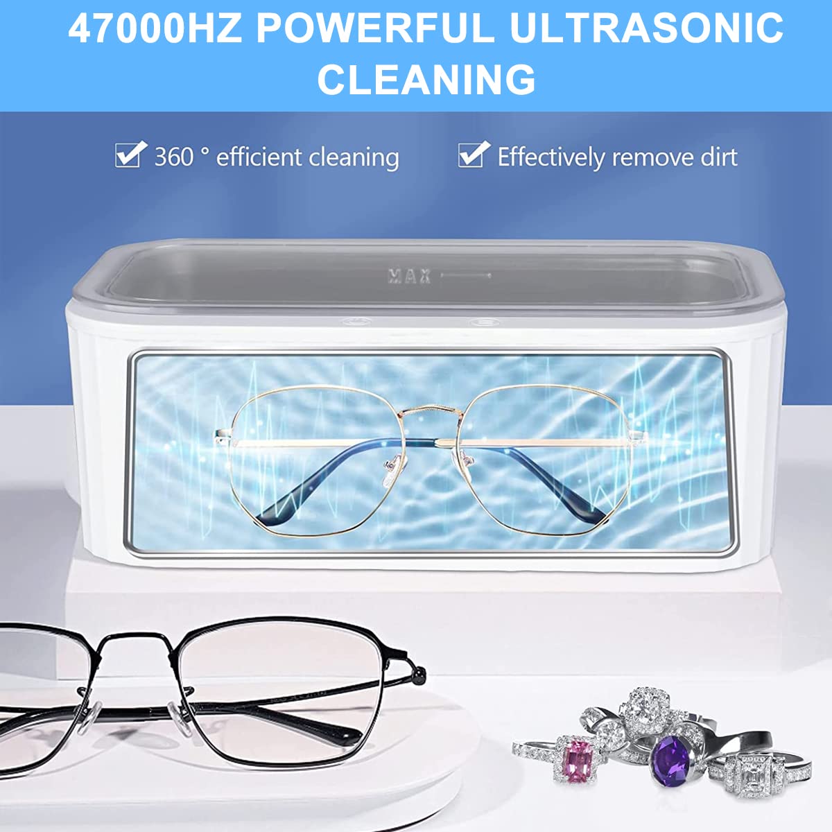 Serplex Ultrasonic Jewelry Cleaning, 400ml High-Frequency Pro Cleaner with 4 Modes, 47kHZ Household Cleaner with 304 Stainless Steel Chamber for Cleaning Dentures, Jewelry, Eyeglasses, Watches, Rings