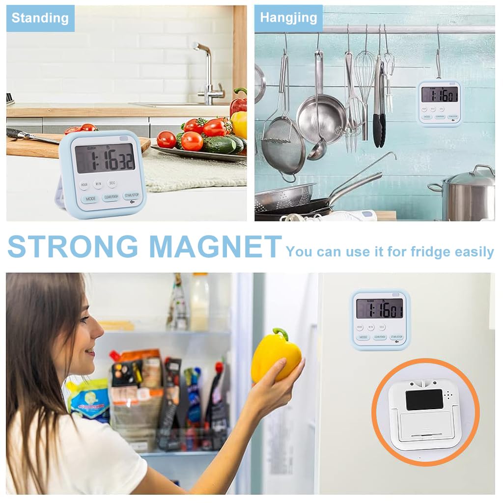 ZIBUYU LCD Digital Timer Magnetic Alarm Clock with Light 24hs Countdown Timer Time Reminder Baking Timer with Magnetic Folding Bracket Battery Powered Timer for Kitchen, Study, Cooking, 5.4x7cm