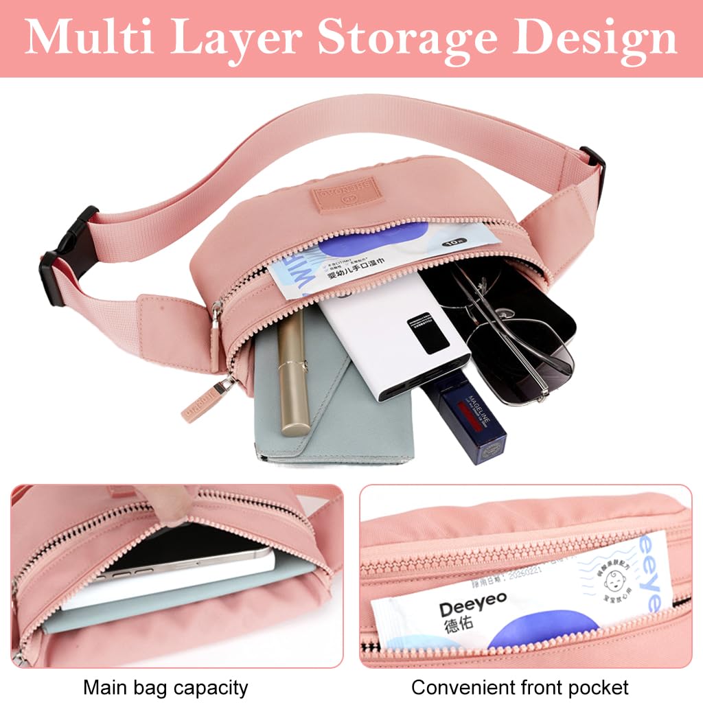 PALAY Fashion Waist Bag for Women Double Layer Lightweight Nylon Waist Pack Chest Bag Phone Sling Bag Casual Waist Bag with Adjustable Waist Belt Design Jogging Item Bag Bum Bag, Pink, 24x5x12cm