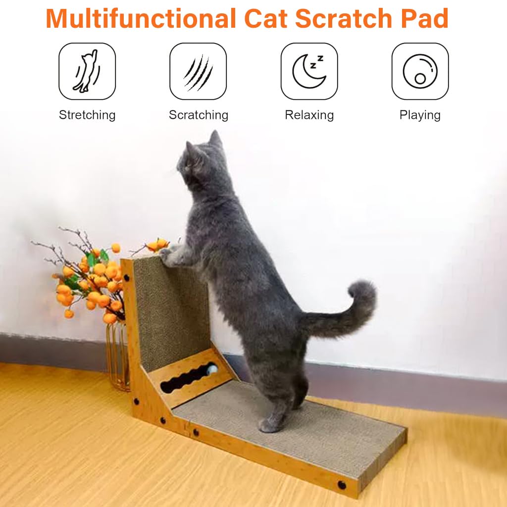 Qpets Cat Scratcher with Bell Toy 26.8 Inch Stand-up Cat Scratcher Premium Cardboard Scratcher for Cat Cardboard Scratcher Cat Toy