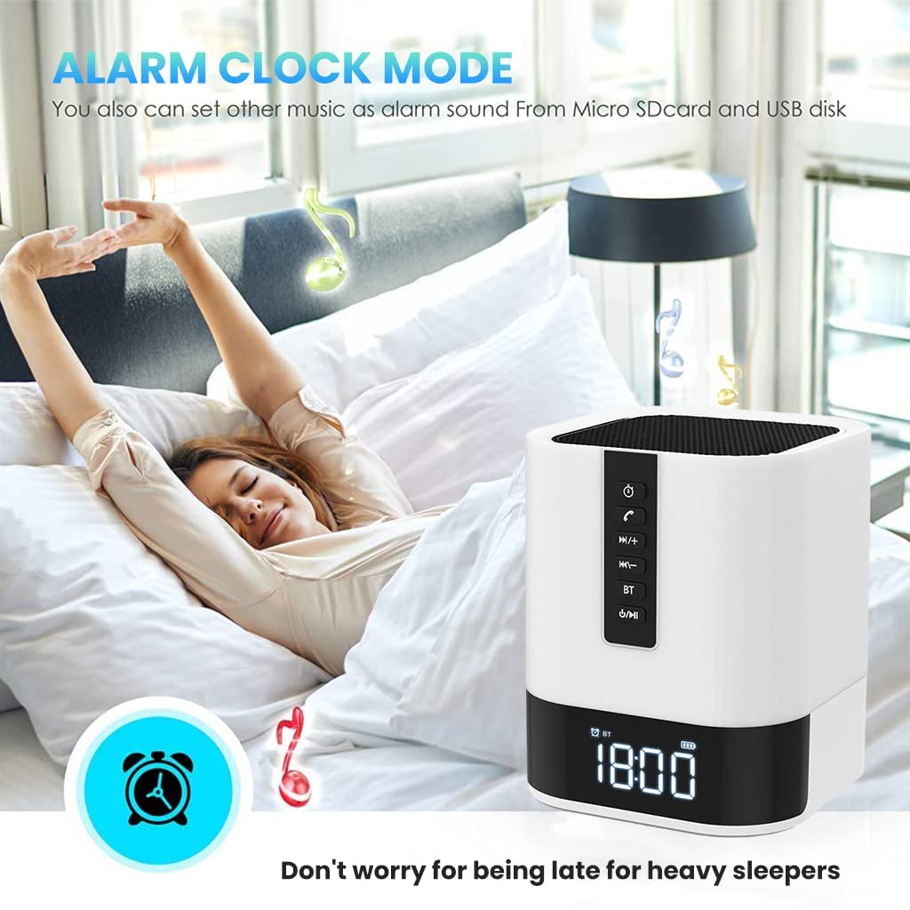 HASTHIP Night Light Bluetooth Speaker, Wireless Light Touch Light, Alarm Clock Bluetooth Speaker Touch Control Bedside Lamp with White Noise, Support Remote Control, TF Card, U Disk, Brightness Adjusting