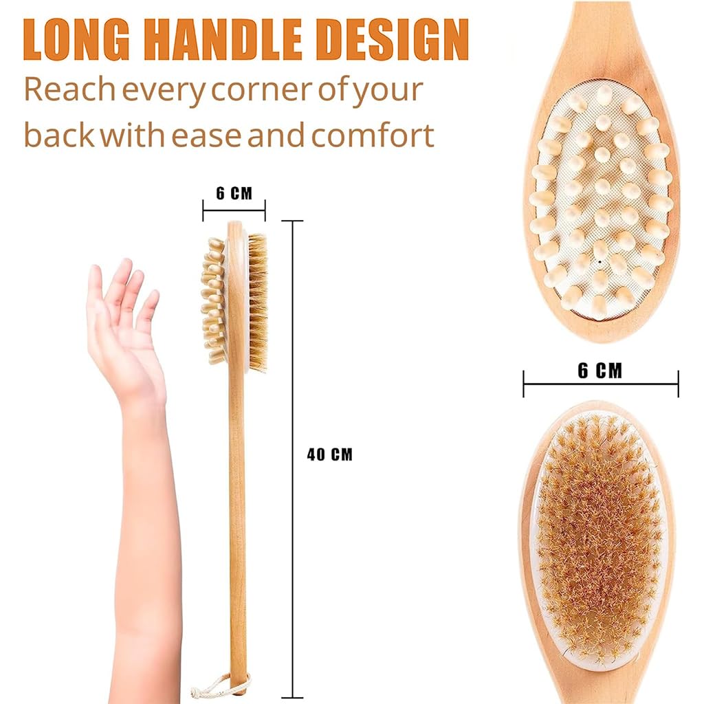 MAYCREATE Double Side Bath Brush for Women And Men Natural Bristles Dry Brush for Body Brush Back Scrubber Wooden Long Handle Brush Shower Brush Remove Exfoliating and Massage Shower