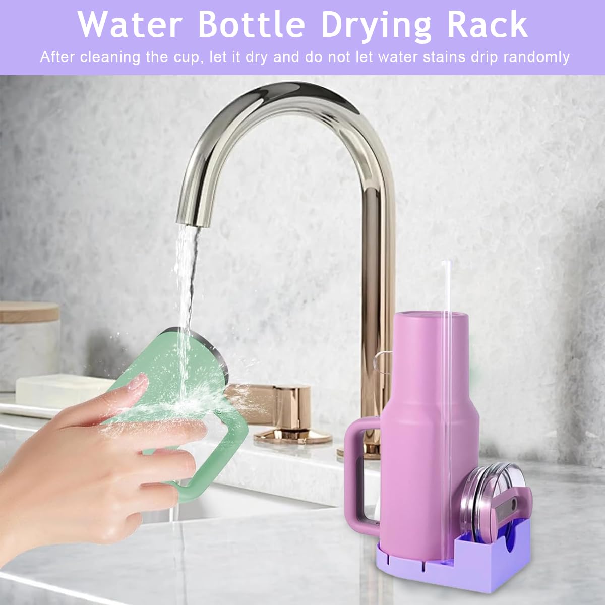 HASTHIP Water Cup Drying Tray Silicone Water Drying Tray with Lid Holder & Straw Slot Reuseable Silicone Drying Tray for Stanley Cup Tumbler Dry Tray, Purple