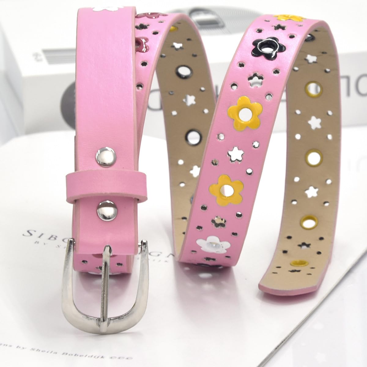 PALAY 2 Pack Belt for Girls, Stylish PU Leather Girls Belt, Flower Hollow Cut Waist Belt for Jeans Pants Dress for Kids Girl 6-12 Years Old