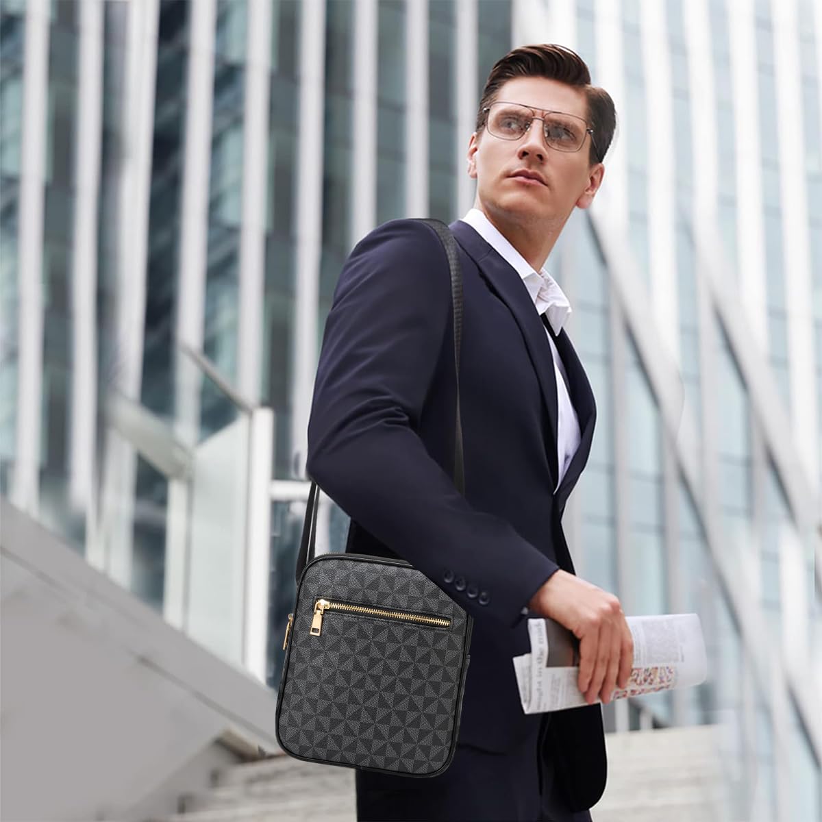GUSTAVE Men PU Messenger Bag Shoulder Bag Crossbody Bag Small Satchel Bag Fashion Geometric Print Messenger Bag for Commuting, Business Travel, 8x1.3x9inches