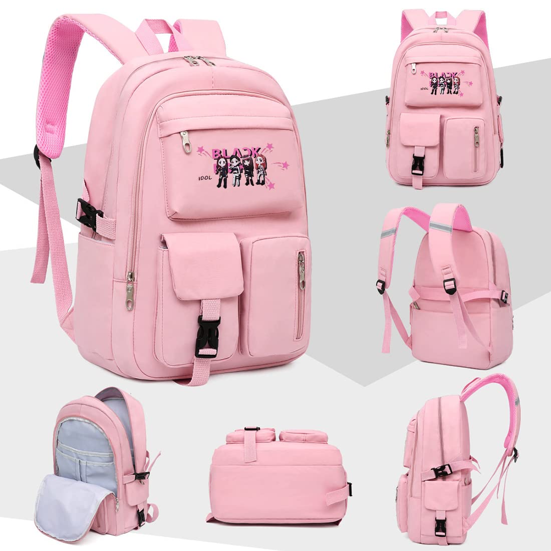 PALAY Blackpink Backpack for Girls School Bags Blackpink Kpop Theme Prints with USB Charging and Headset Port Backpack for Student College School Bag for Boys