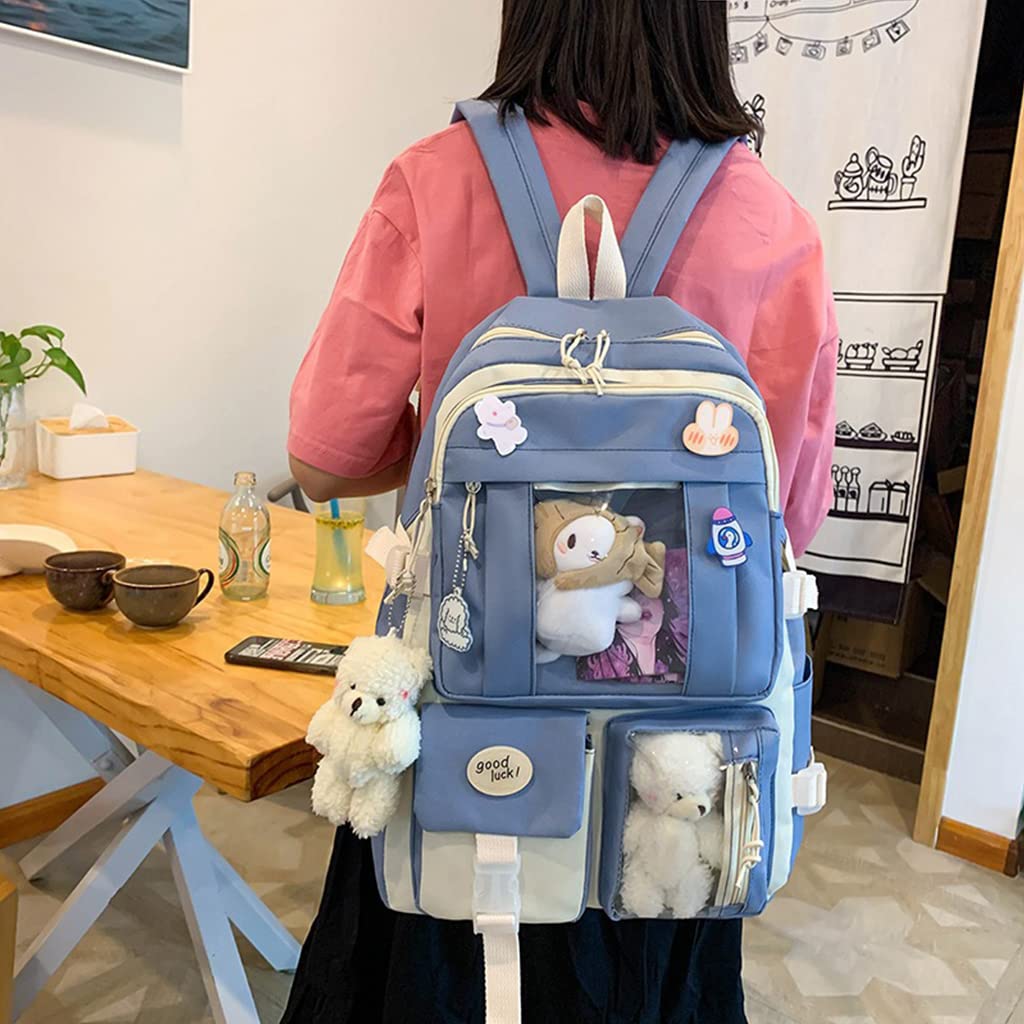 PALAY Cute Backpack for Girls Canvas Backpacks Set with Canvas Tote Bag Waterproof Multi-Pocket Kawaii School Backpack for Kids Laptop School Bag