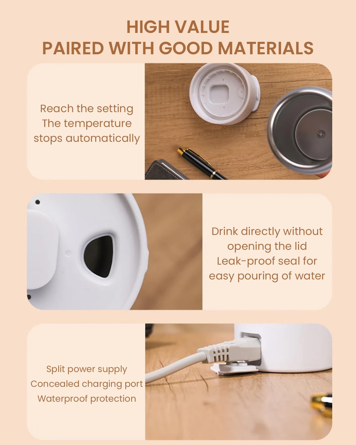 HASTHIP Electric Kettle for Travel 475ml with 4 Preset Portable Electric Water Bottle 304 Stainless Steel Liner Hot Water Kettle Electric Tea Kettle Mug Leakproof Multipurpose