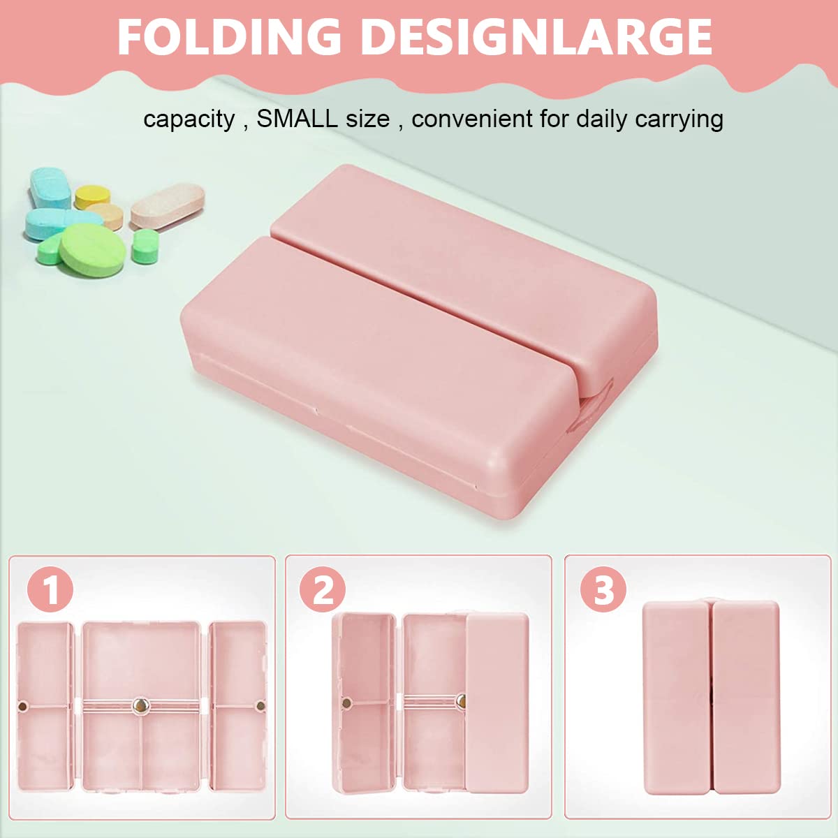 HANNEA Pill Medicine Organizer Storage Box with 7 Compartments, Folding Design, Moisture-Proof Pill Box for Vitamin, Medicine, Pills, Supplements Holder Container, Pink