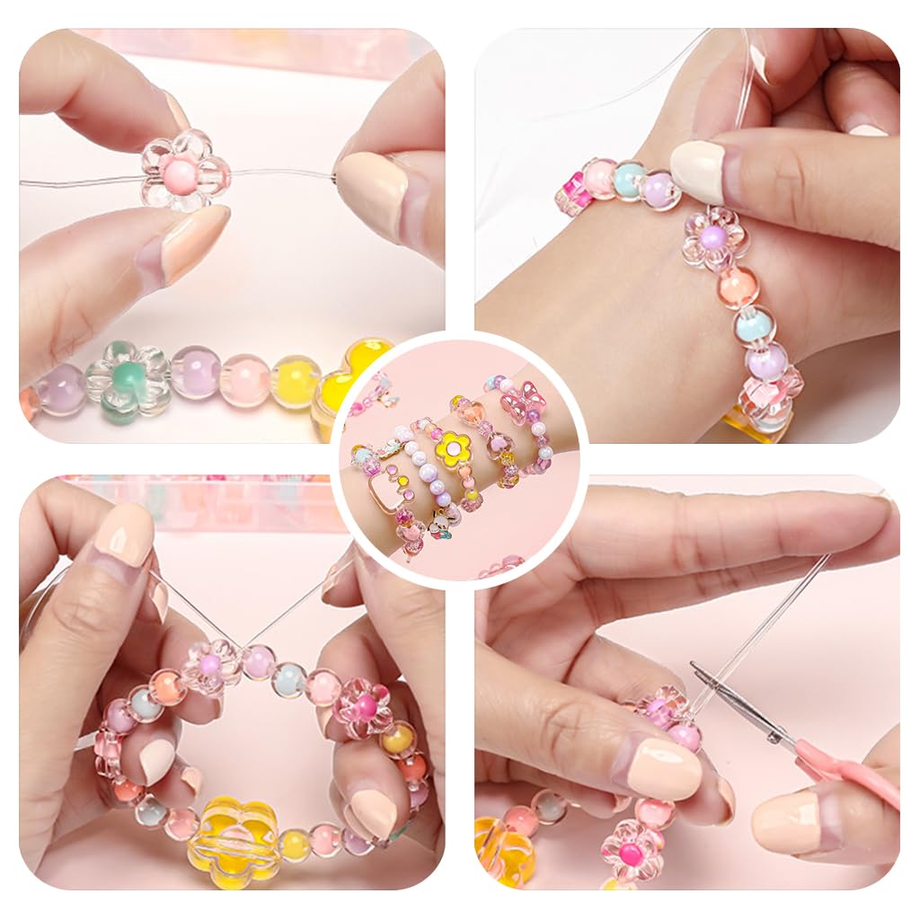 SANNIDHI 500Pcs Candy Cute Beads, Clear Acrylic Pearl Beads for Bracelet Making, Assorted Shiny Colourful Beads, Aesthetic Round Flower Heart Beads for Jewelry Making Girls Kids DIY Necklace Hairband