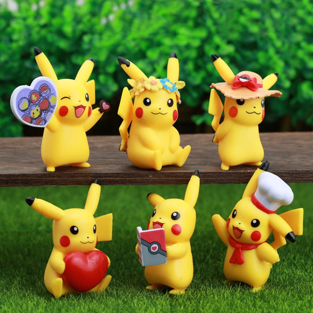 PATPAT Polyvinyl Chloride Set of 6 Pika-Chu Figure Toy Poke-Mon Figures Desk Decoration Poke-Mon Toy Figure Toy For Kids Anime Lovers Birthday Gift Room Decoration (9Cm), Multi Colour