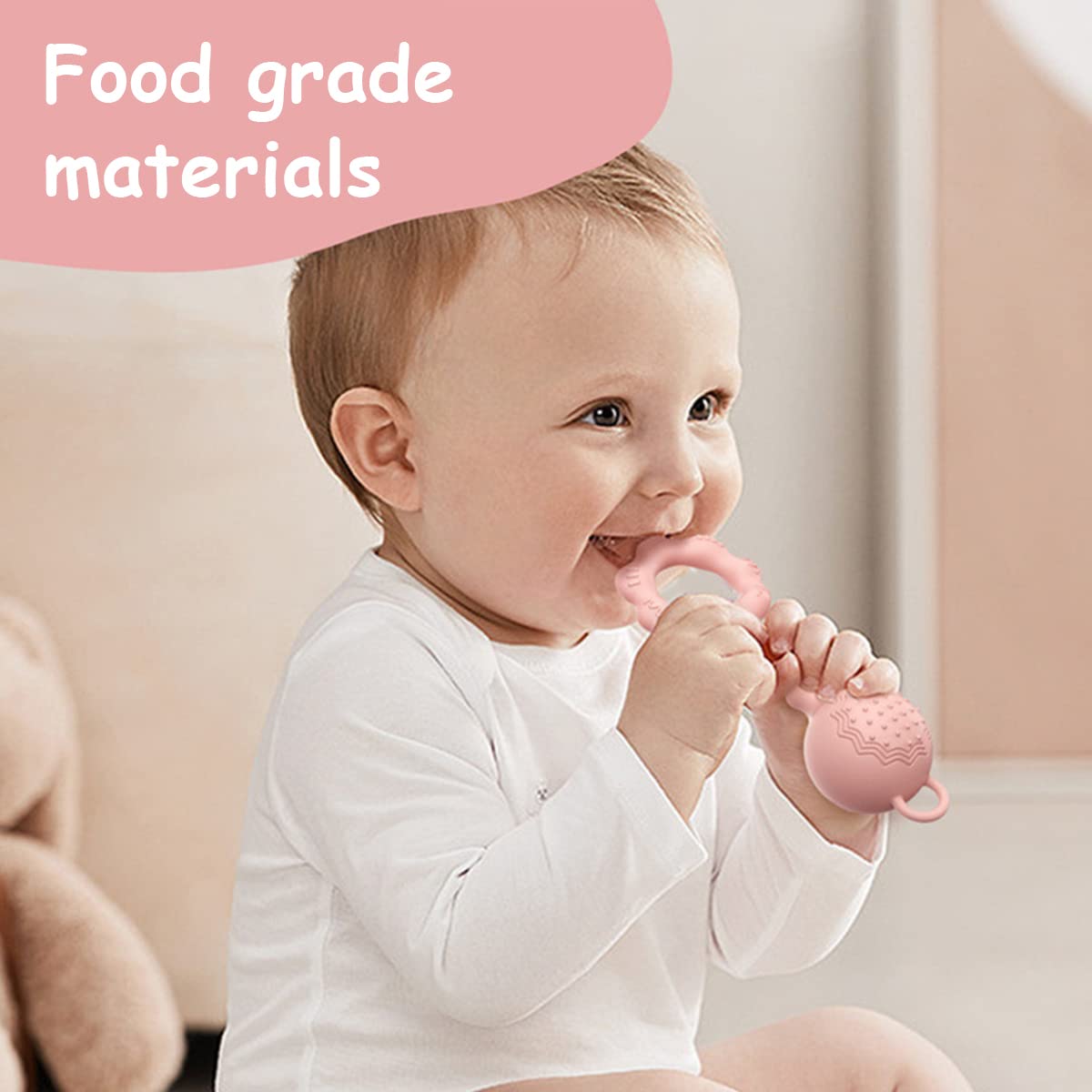PATPAT Silicone Teether for 6 to 12 Months Baby BPA Free, Teether Rattles for Baby 0-6 Months with Textured Surface, 2 In 1 Baby Teether Rattle, Food Grade Teething Toys for Babies, New Born Baby Toy