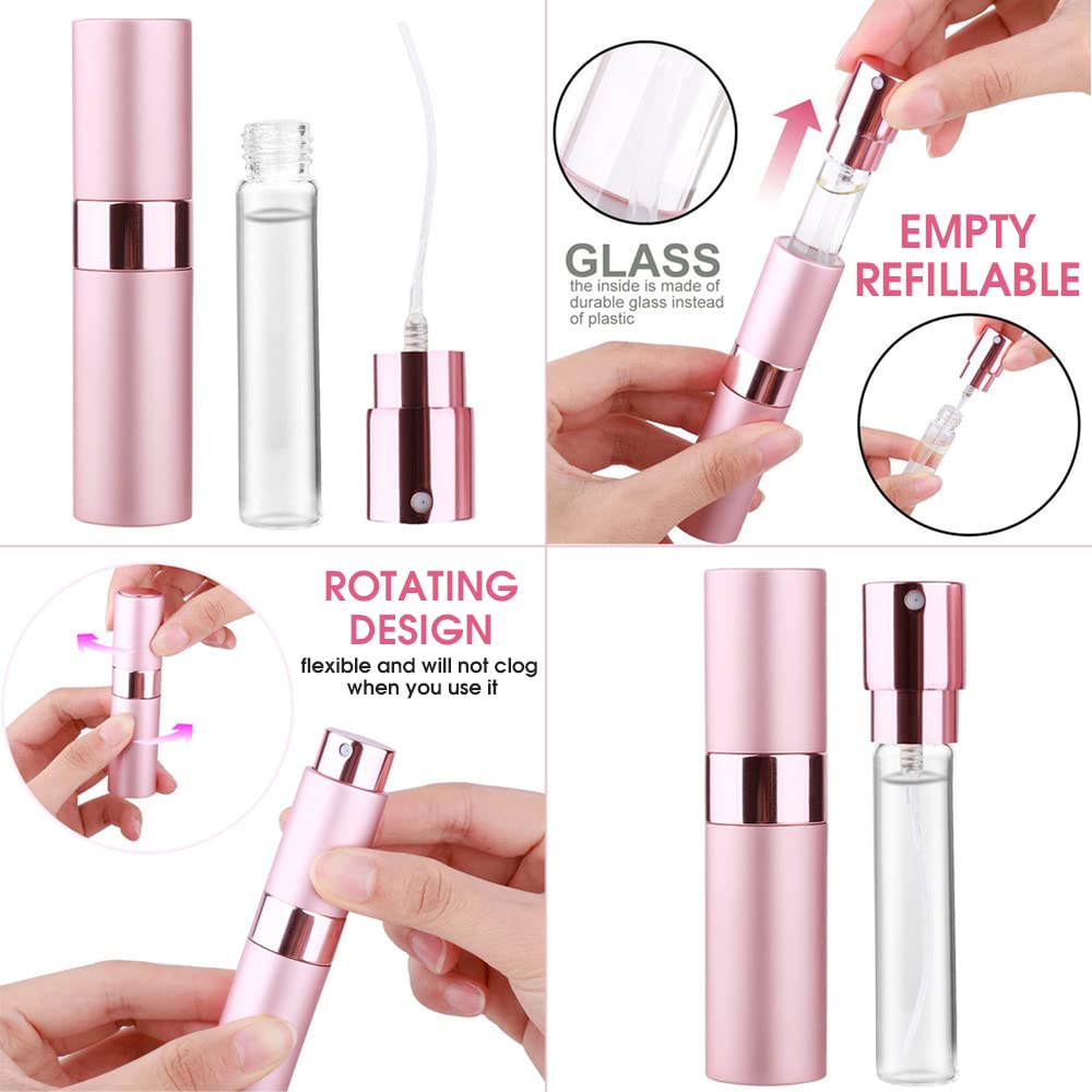 MAYCREATE 8ml Rotating Perfume Atomiser Spray Bottle -Portable Perfume Dispenser with Perfume Extractor Pump,Funnel,Dropper, Refillable Empty Spray Bottle for Perfume-Pink