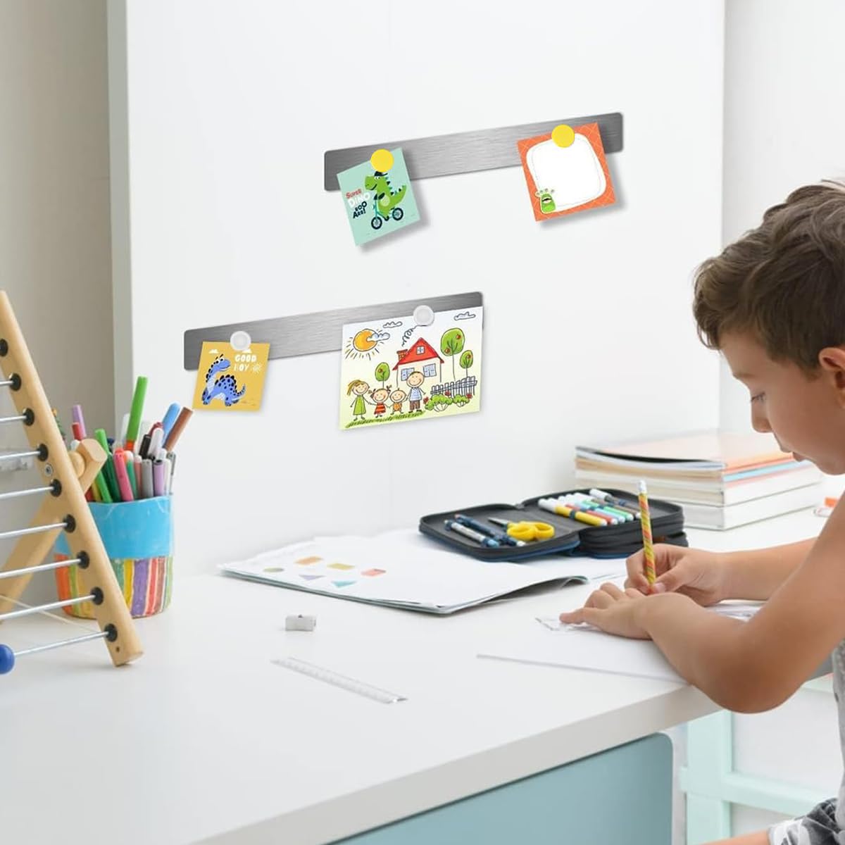 Climberty 4 Pack Magnetic Stainless Memo Board Strip Message Board with 16 Pcs Color Magnets, Adhesive Backing Bulletin Bar Board for Office, Home, Photo Wall, Documents and Fridge (Silver)