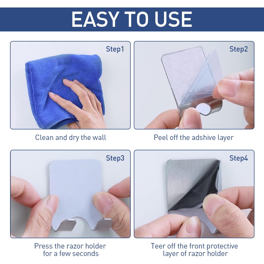 HASTHIP 5Pcs Wall Hooks Self Adhesive Razor Holder Rack Men's Shaver Holder Rack Brushed 304 Stainless Steel Bathroom Towel Hooks Dual-Hook Wall Hooks Metal Hooks for Bathroom, Kitchen