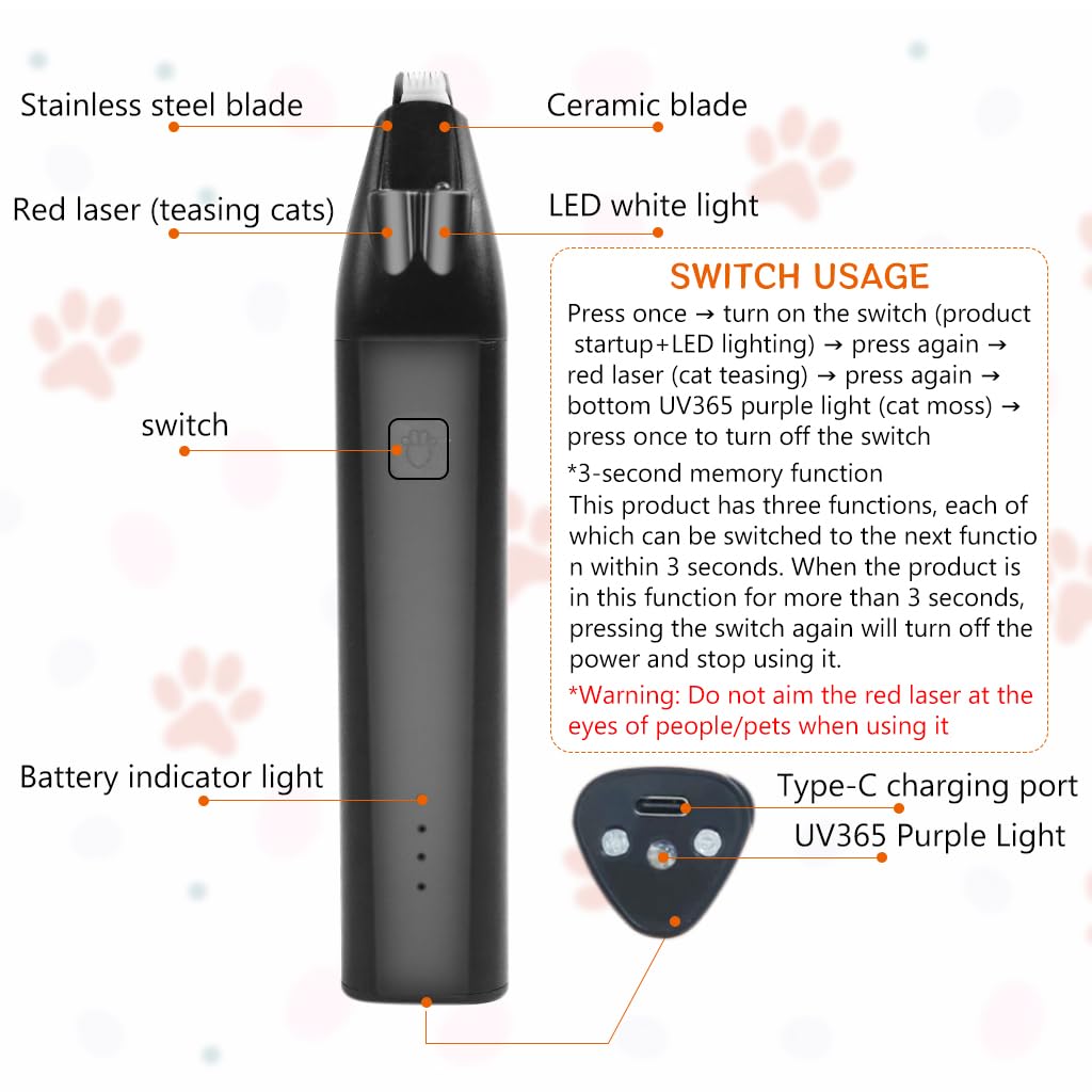Qpets Dog Hair Cutting Machine, Pet Hair Trimmer for Dog Cat witn LED/Red Laser/UV365 Purple Light, Electric Grooming Clippers for Hair Around Paws, Buttocks, Eyes & Ears for Small Pets
