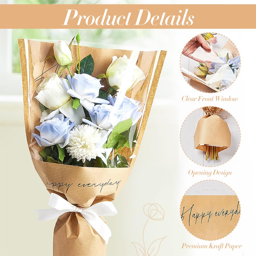 HASTHIP 20Pcs Flower Wrapping Paper Small Bouquets Wrapping Paper 17.3 Inches Brown Letter Print Packing Paper Art Craft Wrapping Paper for Small Bouquets
