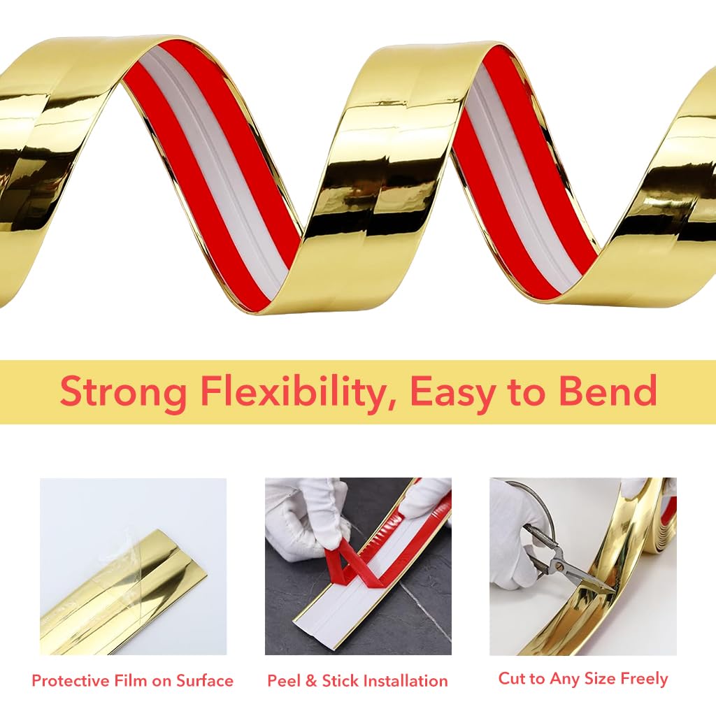HASTHIP 1 Rolls Golden Wall Molding Trim - Flexible PVC Wall Molding Trim & Corner Guards & Caulk Strip, Apply in Table Edge Door Frame Baseboard for Protection and Decoration, 9.84ft x 0.78in