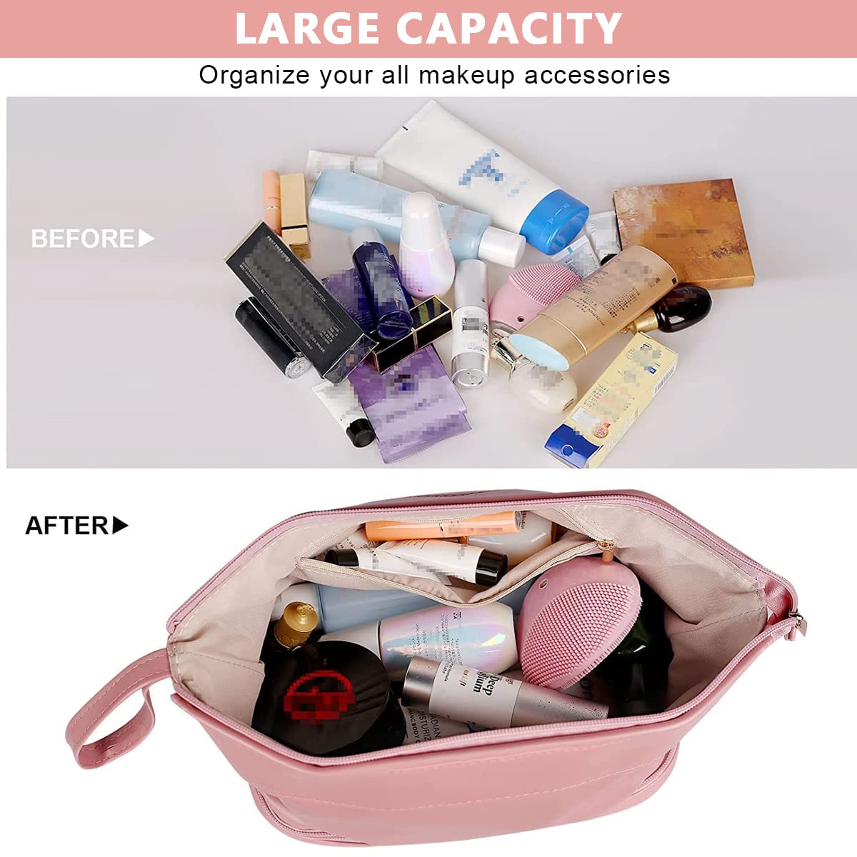 MAYCREATE Large Capacity Cosmetic Bag, Women's Makeup Travel Bag Portable Leather Cosmetics Bag with Handle, Double Layer Portable Zipper Toiletry Bag for Travel Makeup Organizer, Pink