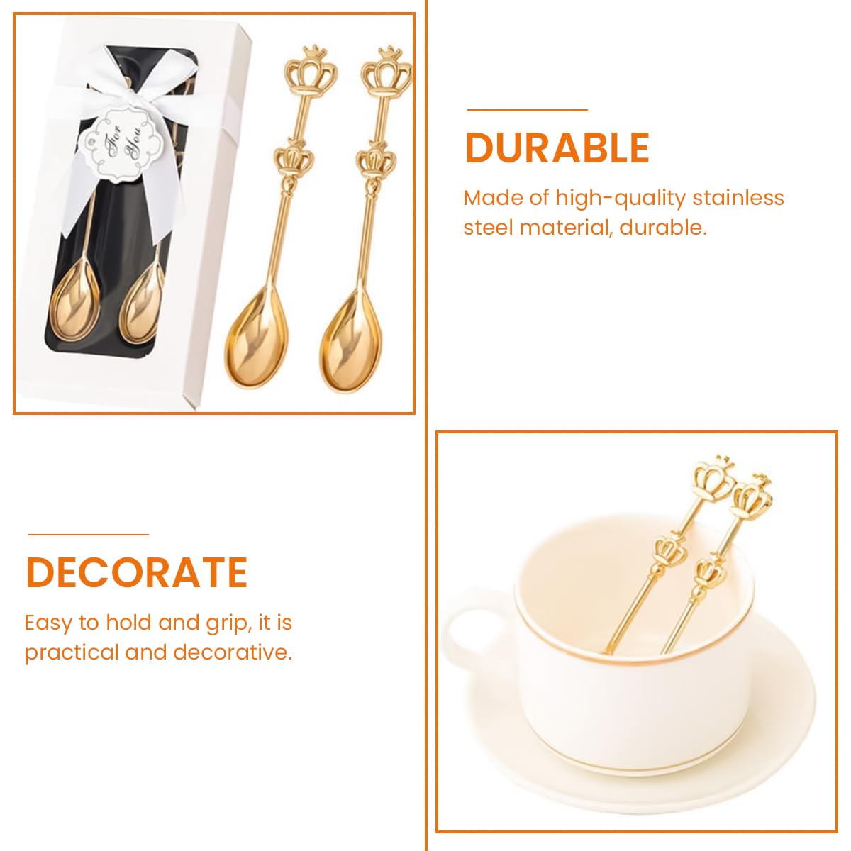 HASTHIP 1Set Mini Crown Spoon, Stainless Steel Teaspoon Sugar Stirring Spoon for Coffee Dessert Ice Cream Appetizers for Christmas Gifts
