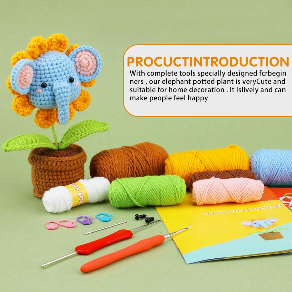 HASTHIP Crochet Stuffed Animal Kit Crochet Kit for Beginners Elephant Knitting Kit Full Set Crochet Starter Kit with Yarn, Polyester Fiber, Crochet Hooks, Tutorial Video, DIY Gift Friends (Sunflower)