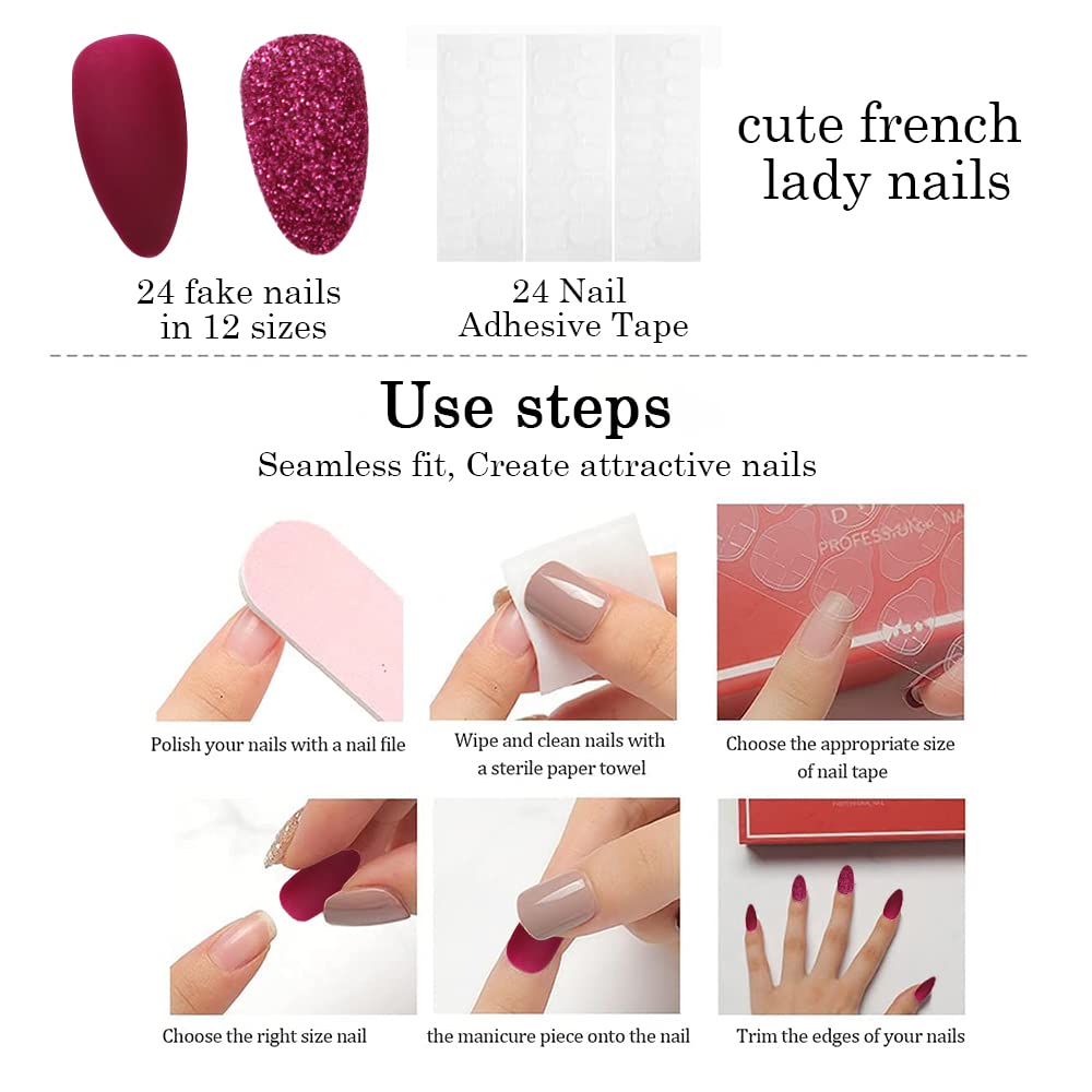MAYCREATE Artificial Nails for Women, Matte Acrylic Full Cover, Double Sided Adhesive Tabs, False Ballerina Nails Extension with Nail Art, Rose Red, 24pcs