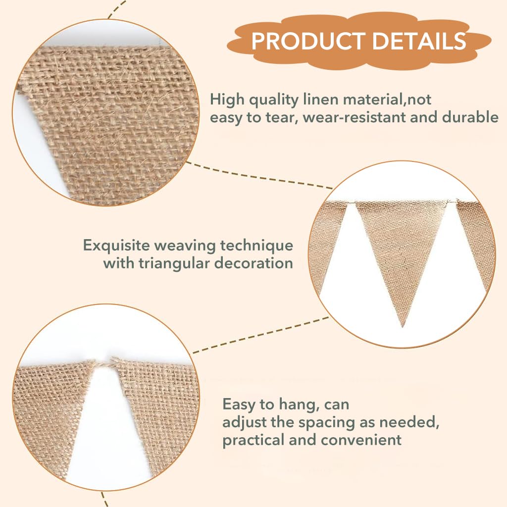 PATPAT Burlap Flag Banner 2.86M Rustic Burlap Banner Bunting Burlap Triangle Flags 14x20cm Natural Hessian Banner for Wedding Decor Party Decoration Room Decoration, 1Pack*13Flags Christmas Gifts