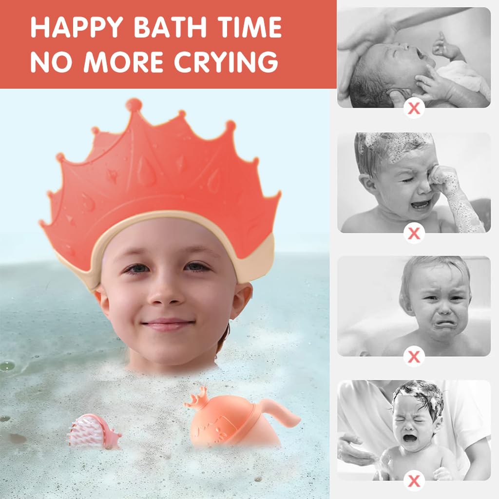SNOWIE SOFT Baby Shower Cap Hair Brush Rinse Cup Soft Silicone Crown Cap Bath Cap Protecting Eye & Ear Adjustable Baby Shower Crown Cap Baby Shower Gifts, Pink