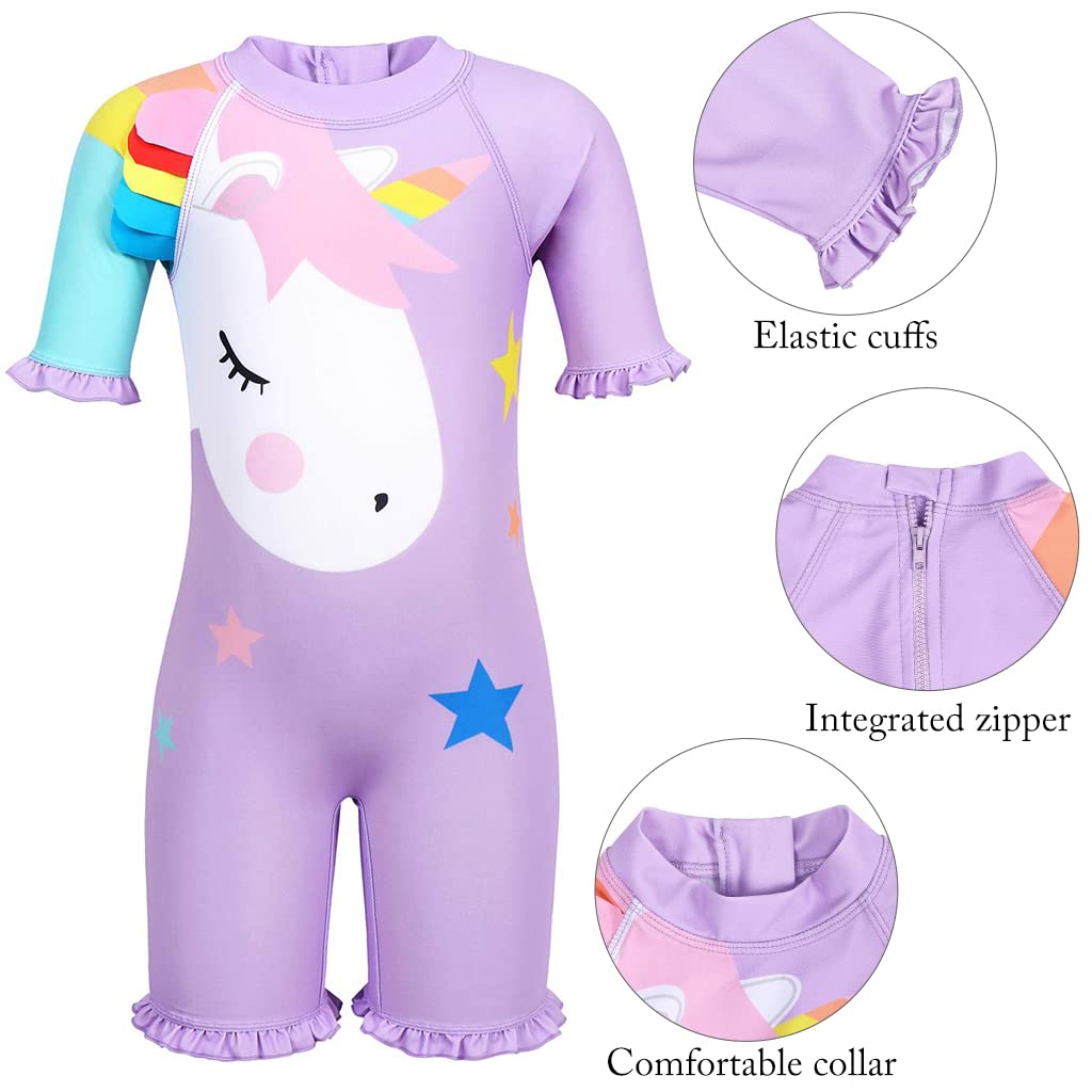 ZIBUYU Swimming Suit for Girl with Hat Cartoon Unicorn Print Zipper Swimsuit Pool Summer Beach for Kids Girls of 125-135cm - 1pc Purple