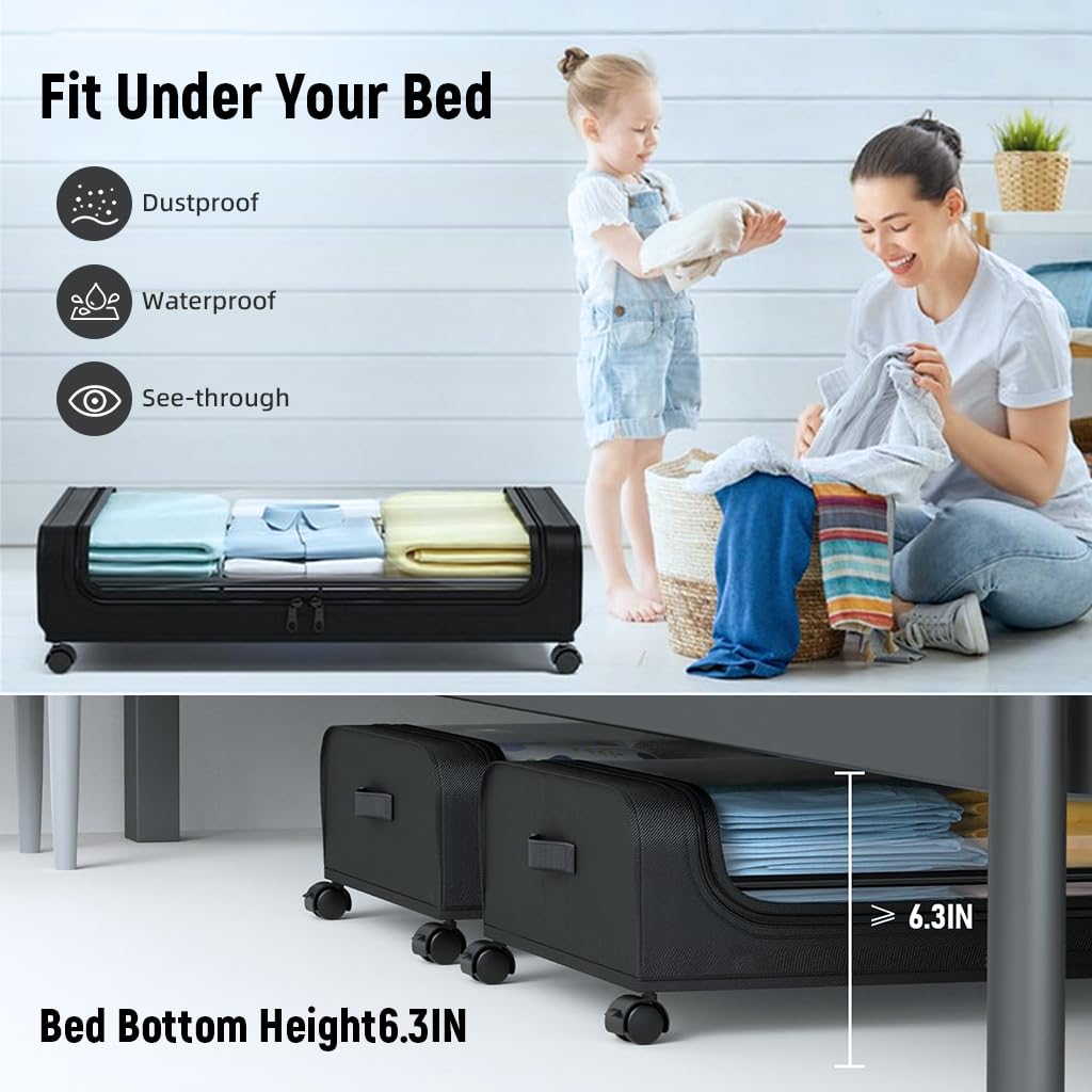 HASTHIP 1 Pcs Under Bed Storage Organizer Zip Cover with Wheels, Rolling Under Bed Storage Container, 32
