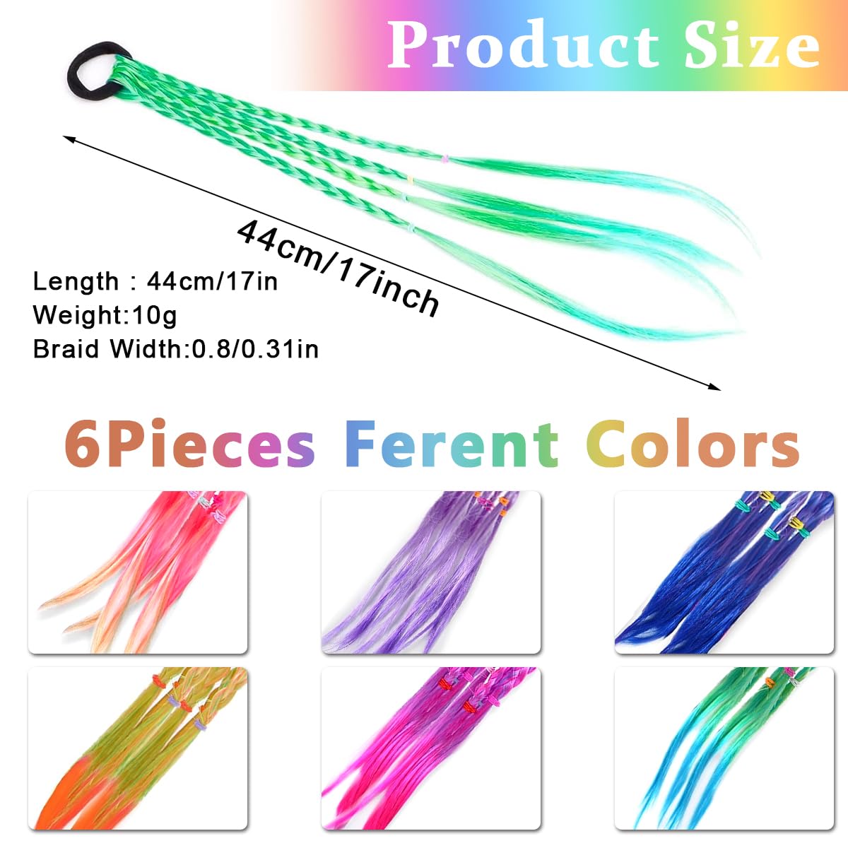SANNIDHI 12pcs Rubber Bands Hair Extensions for Girls Women, 17 Inch Colorful Braided Synthetic Hairpieces, Kids Ponytail Wigs Twist Braid Rope Hair Accessories