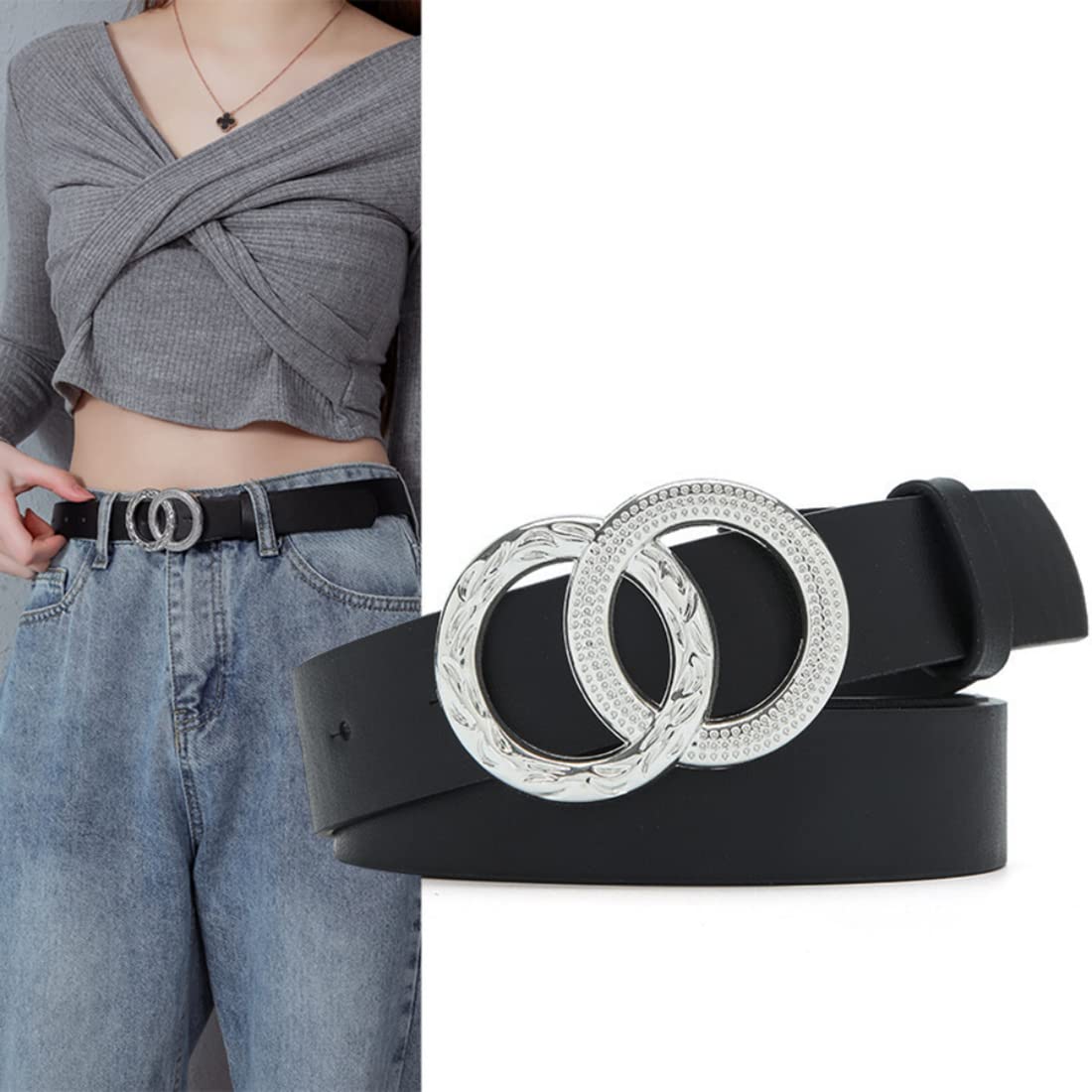 PALAY Women Sleek Double Ring Closure Metal Belt For Dress Ladies,Blouse,Coat,Evening Gown-41.7inch (Black)
