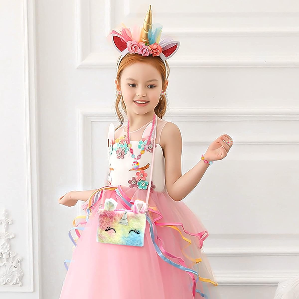 SANNIDHI Unicorn Jewellery Set for Girls, Cute Cartoon Fluffy Sling Bag Beaded Necklace Bracelet Earrings Ring & Hair Clips Kit, Fashion Party Dress up Jewelry Unicorn Gifts for Girls Kids