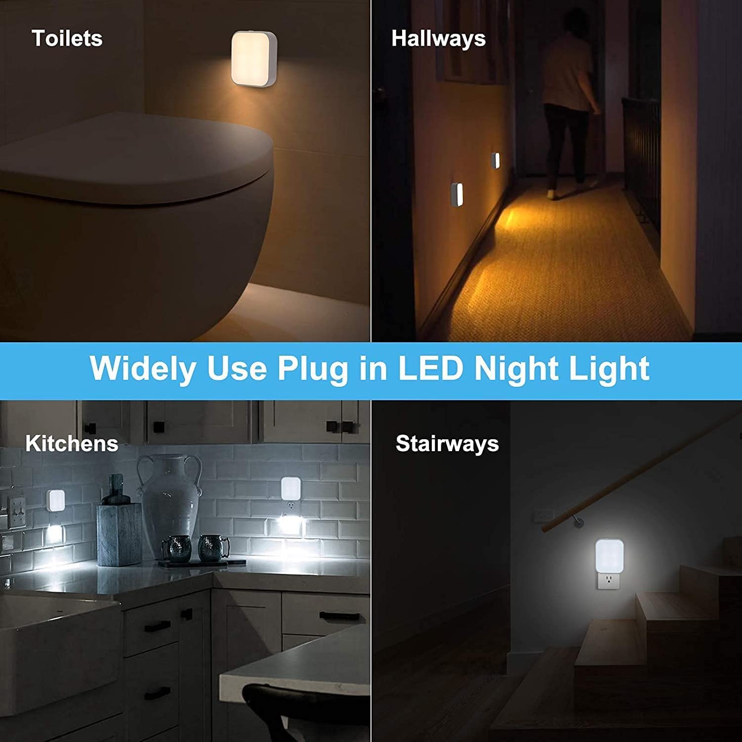 ELEPHANTBOAT 4 Pcs of Switchable Night Lamp for Bedroom Plug and Play, Lighting Sensor Night Light Cabinet Light for Children/Kids Bedroom Hallway Stair Kitchen(Warm Light+ White Light)