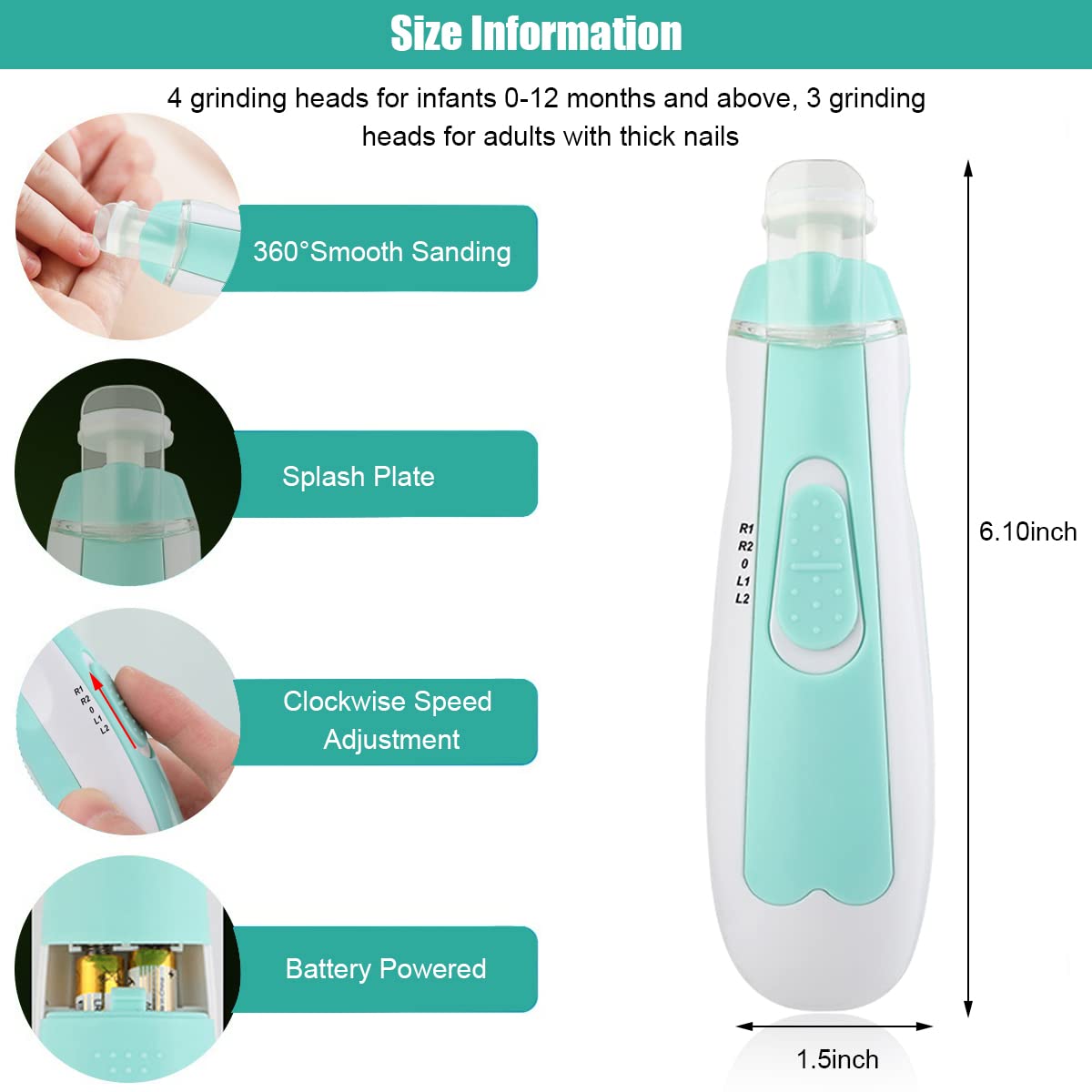 Zibuyu Electric Baby Nail Cutter with LED and 7 Grinder Bit, (Without Battery)