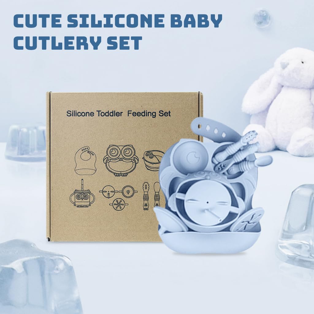 SNOWIE SOFT Baby Feeding Set of 10Pcs Food Grade Toddlers Silicone Food Plate Sipping Cup Bowl Set with Silicone Bib, Baby Cutleries, Self-Feeding Tableware Set for Toddlers, Sterilizable, Blue