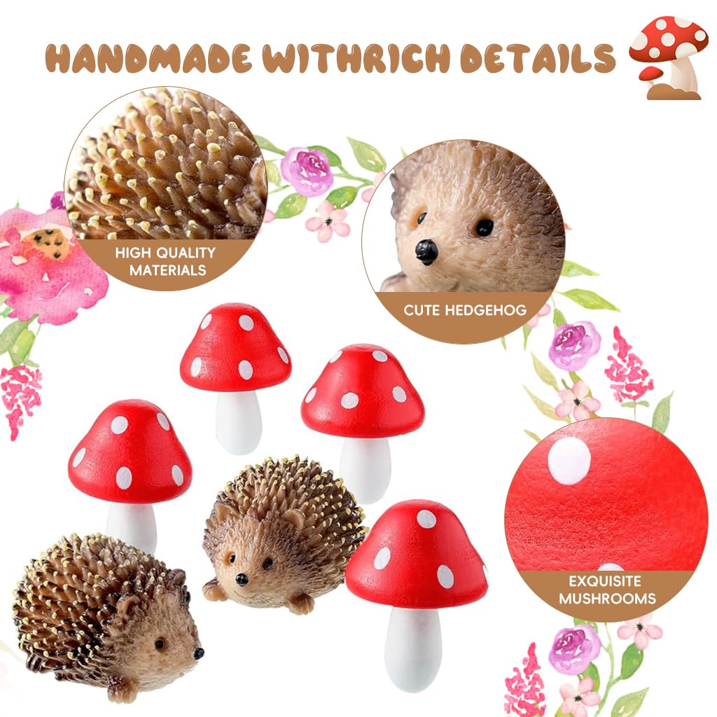 Supvox 6Pc Miniature Garden Decor - Resin Hedgehogs & Wood Mushroom - Fairy Garden Decor - Moss Landscape Miniature Decorations - Suitable for Moss Landscape, Garden Ornaments, Flower Pots, Dollhouse
