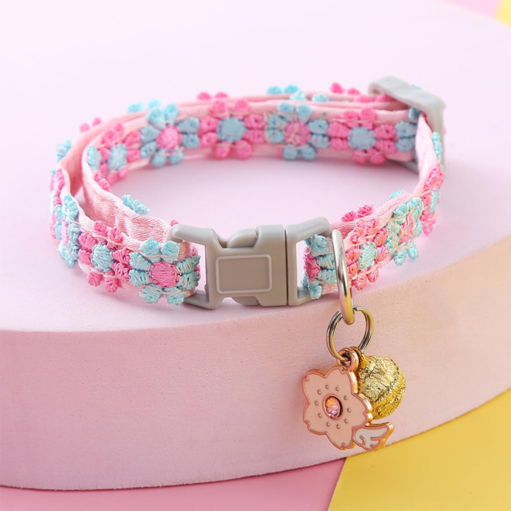 Qpets Floral Cat Collar, Cute Color Flower Cat Collar with Bell, Embroidery Handmade Sakura Charm Adjustable Quick Release Small Pet Collar