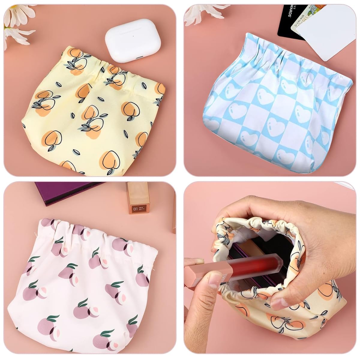 MAYCREATE 3pcs Small Pouches for Women, Travel Mini Makeup Pouch Set, Stylish Prints Lipstick Coin Pouch for Girls, Squeeze Open Jewelry Storage Bag Hair Accessories Organizer